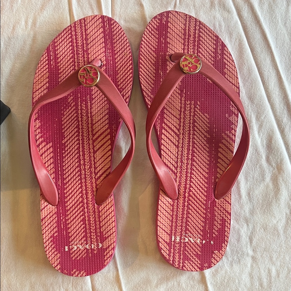 Coach Pink and Gold Logo Flip Flop Sandals